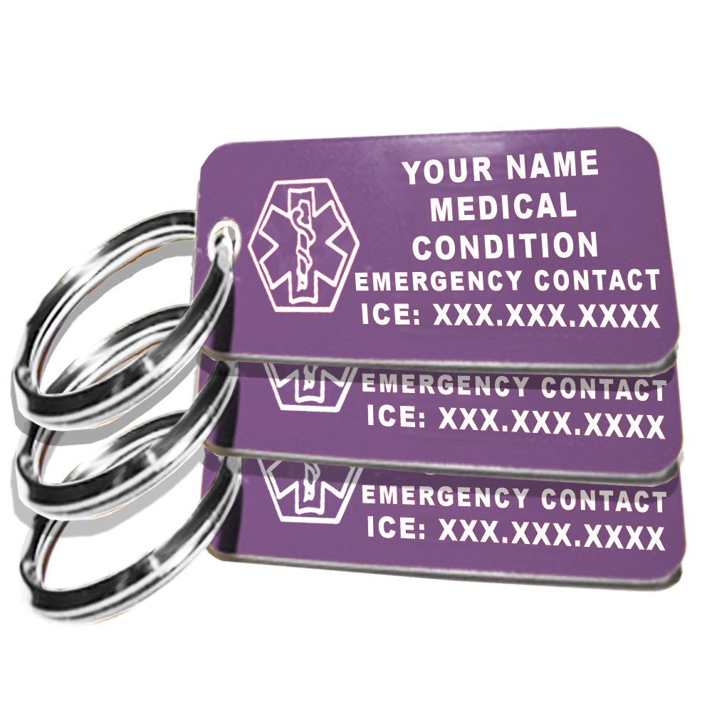 My Identity Doctor - 3 Custom Engraved Medical Alert ID Keychain Tags, Plastic, Rectangle, Purple, Small 2.25 x .79 Inch, 3 Pack
