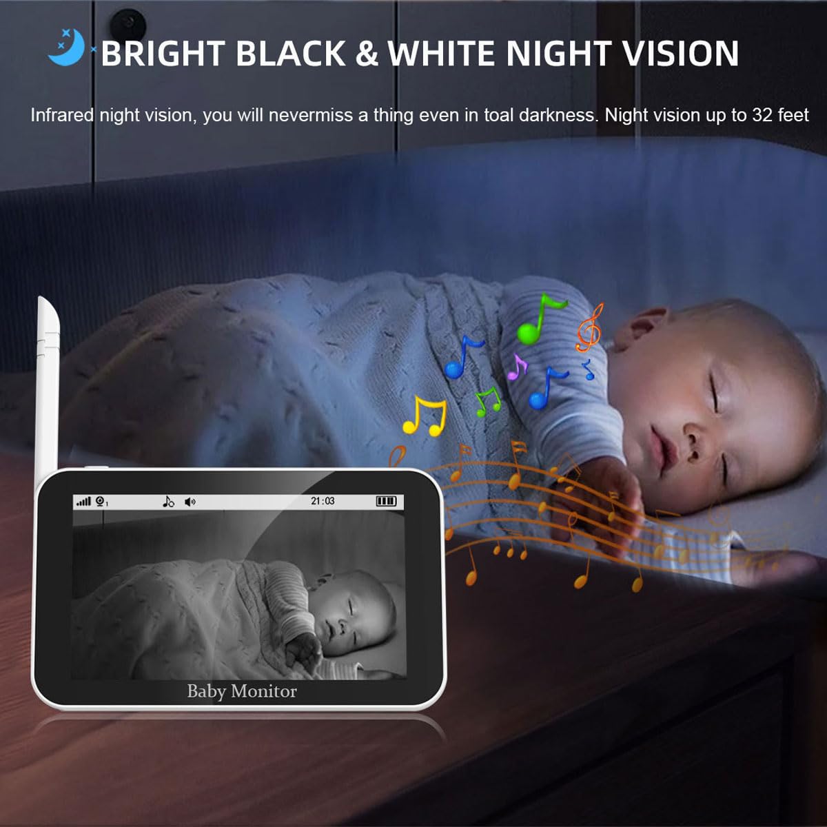 Baby Monitor Portatile, Schermo HD 720P Baby Monitor Video da 5'', Audio Bidirezionale, Zoom, Visione Notturna, Ninne Nanne, Lungo Raggio di 1000ft, Visione Notturna a Infrarossi, modalità VOX