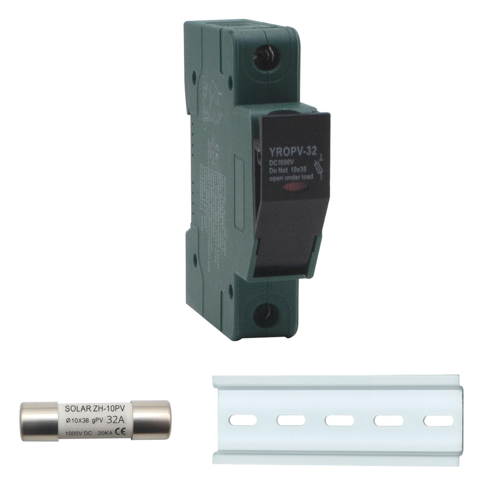 Kit di fusibili solari fotovoltaici da 32 A, 1000 V CC, con supporto, fusibile fotovoltaico da 10 x 38 mm, per montaggio su guida DIN (100 mm), impermeabile e protezione da sovraccarico