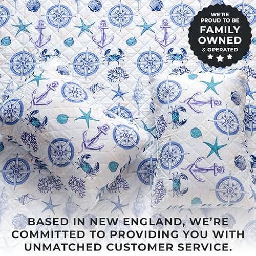 Great Bay Home 3-Piece Full/Queen Reversible Lightweight Nautical Quilt Comforter With 2 Shams | All-Season, Modern, Beach Bedspreads | Blue Seashell Coverlet Sets | Azure Quilts Collection #TOP3