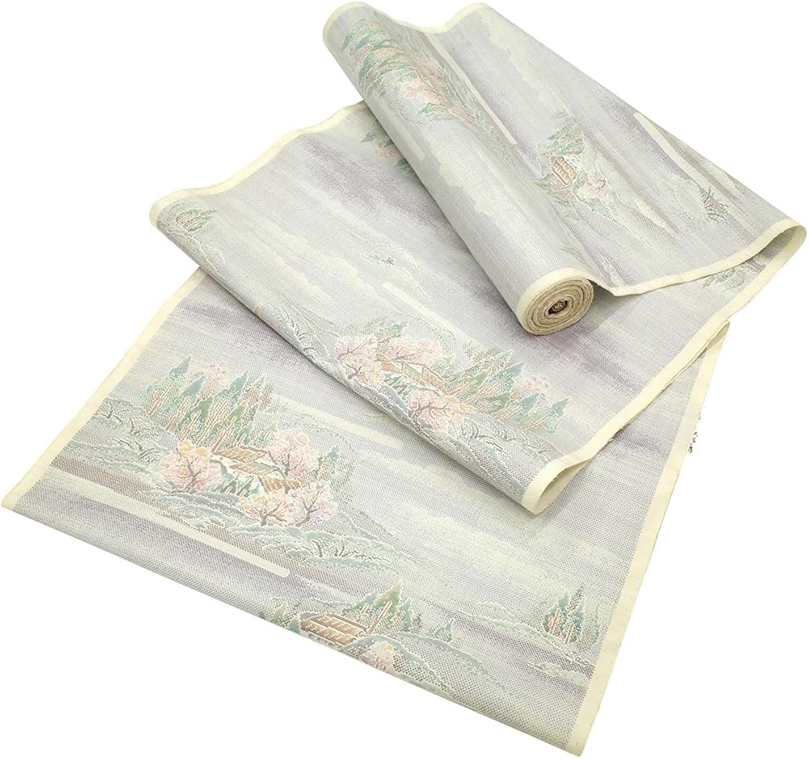 [特選着物と帯みやがわ]本場大島紬 都喜ヱ門 藤絹織物 着物 着尺 反物 白大島 藤白泥 手織り 白グレー地 霞 山 木々 建物 風景 最高級  カジュアル 新古品 未仕立て 未使用 販売 購入 みやがわ sbs11741