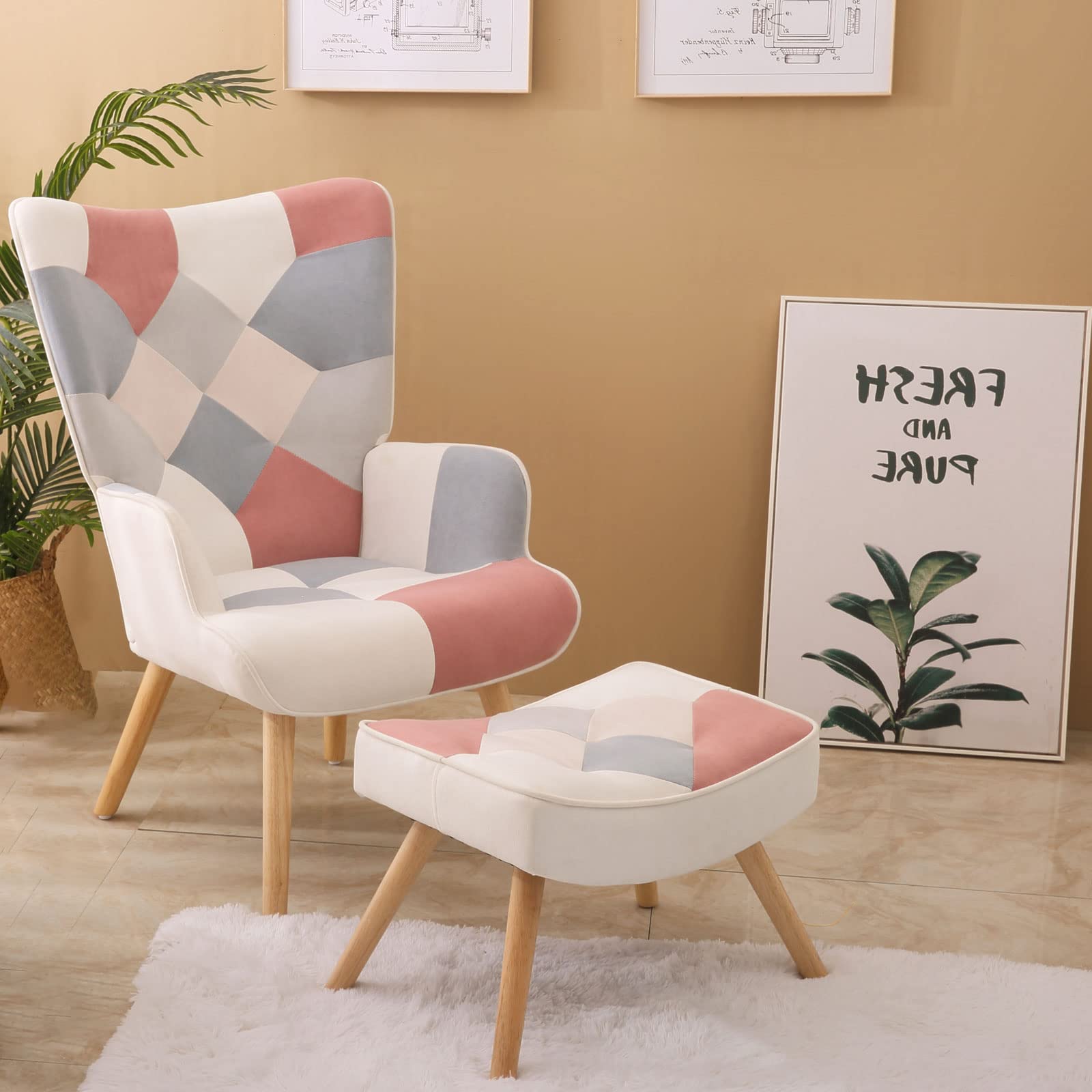 Accent Chair with Ottoman, Accent Chairs for Living Room Chair with High  Back and Armrest, Upholstered Living Room Chairs in Fabric, Comfy Armchair