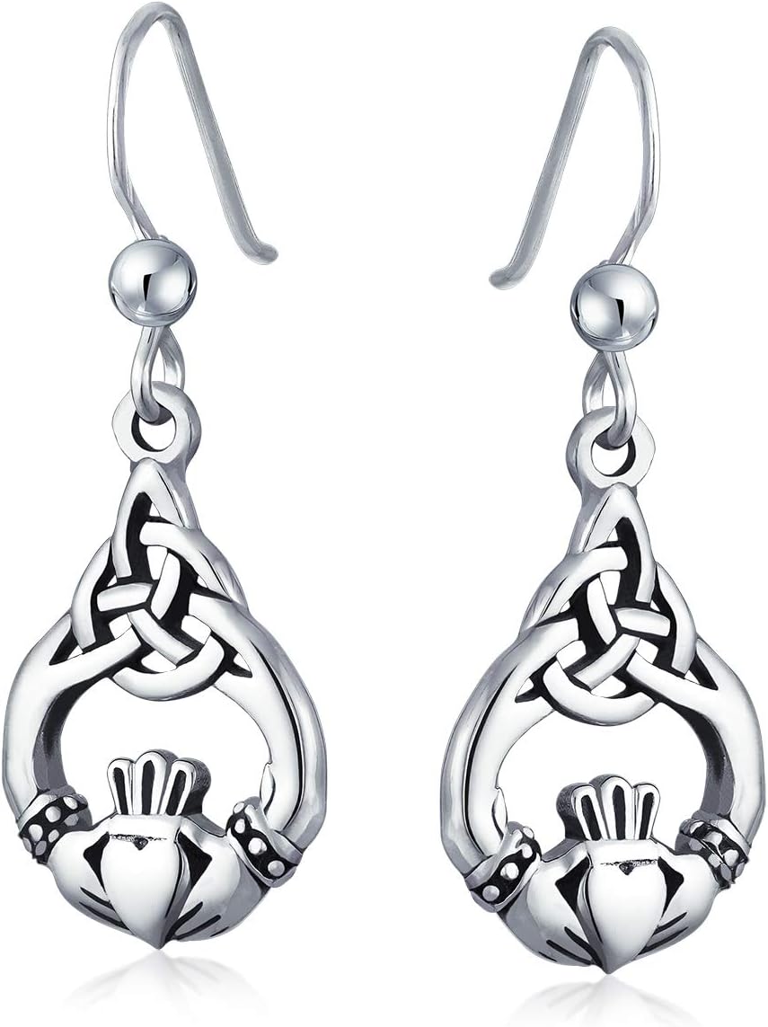 Friendship BFF Heart Circle Irish Love Symbol Celtic Claddagh Dangle Earrings For Women Girlfriend Oxidized .925 Sterling Silver Fish Hook