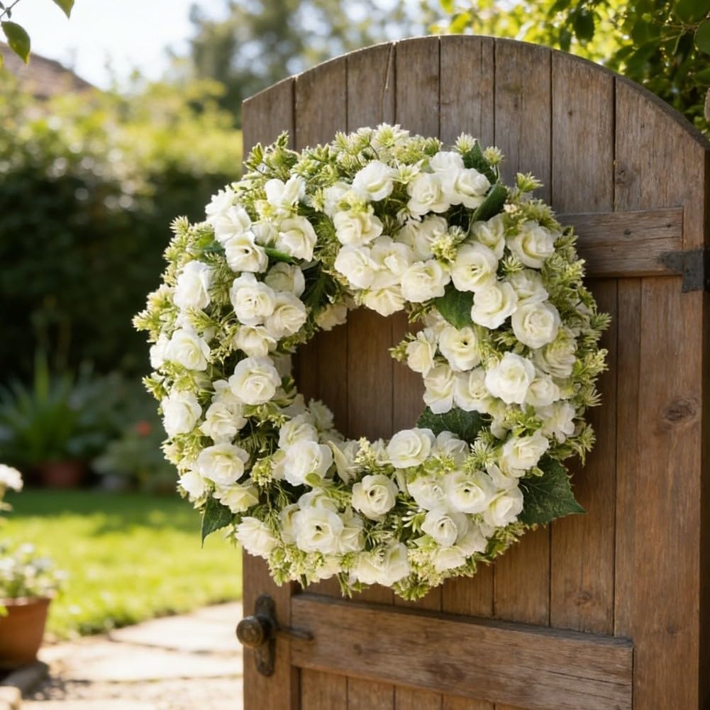 Ghirlanda di fiori artificiali bianca e rosa, 45 cm, rose realistiche al tatto, foglie di eucalipto, decorazione da parete, arco nuziale, per interni ed esterni (bianco)