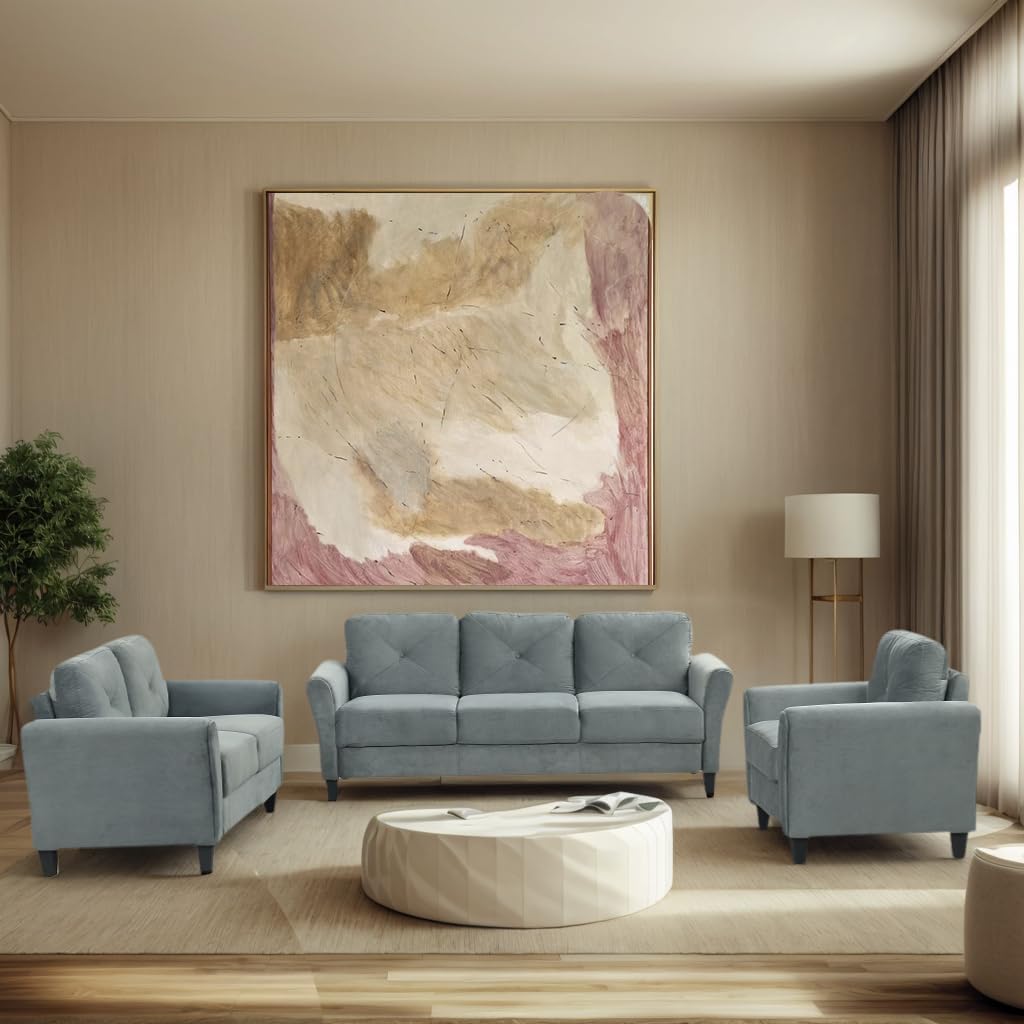 Harper & Bright Designs 3-Piece Living Room Sectional Sofa Set, Modern Style Gray Velvet Upholstered Armchair Loveseat Sofa and 3-Seat Sofa Set Sectional Couch