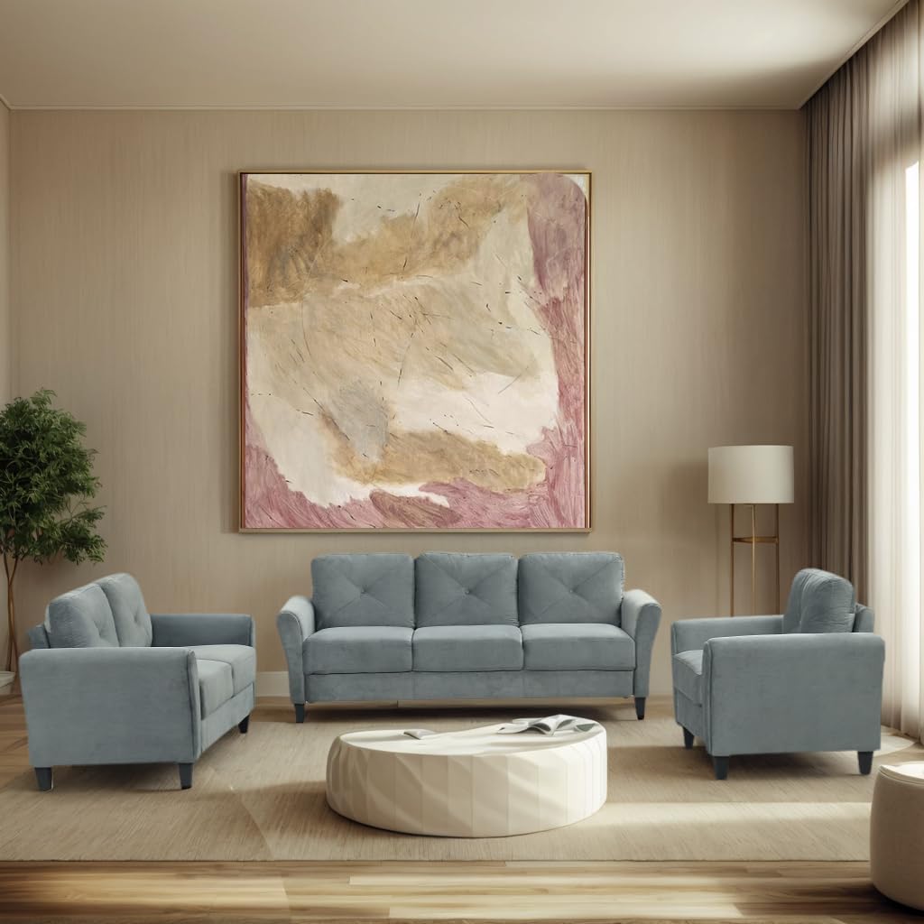 3 Pieses Living Room Sofa Sets Include 3 Seaters Couch, Loveseat and Armchair, Modern Velvet Upholstered Tufted Sofa Couch with Ergonomically Curved Armrests for Home Apartment Office Living Room