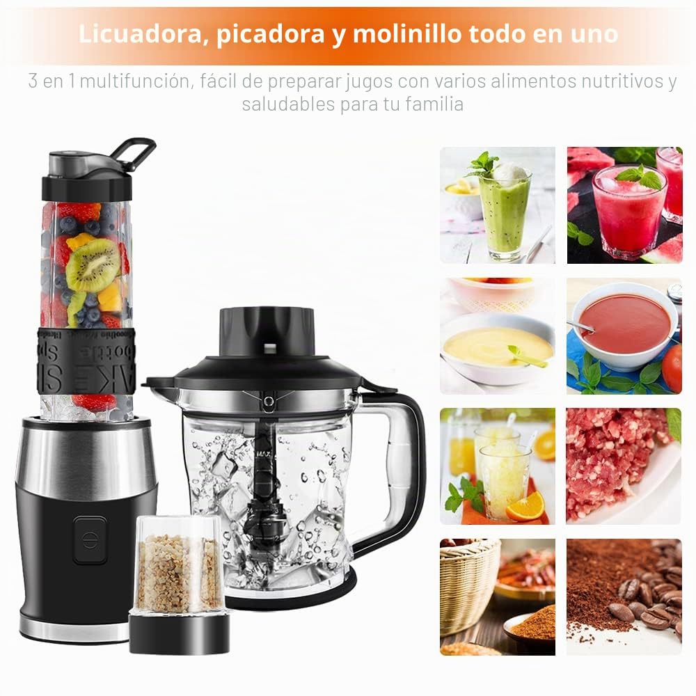 Batidora de Vaso, 700W Portátil Batidora Smoothie, Molinillo de Café, Picadora Eléctrica 3 en 1, Incluye 570ml Botellas, 300ml, 1200ml Botellas, Mini Licuadora para Zumos y Batidos, sin BPA