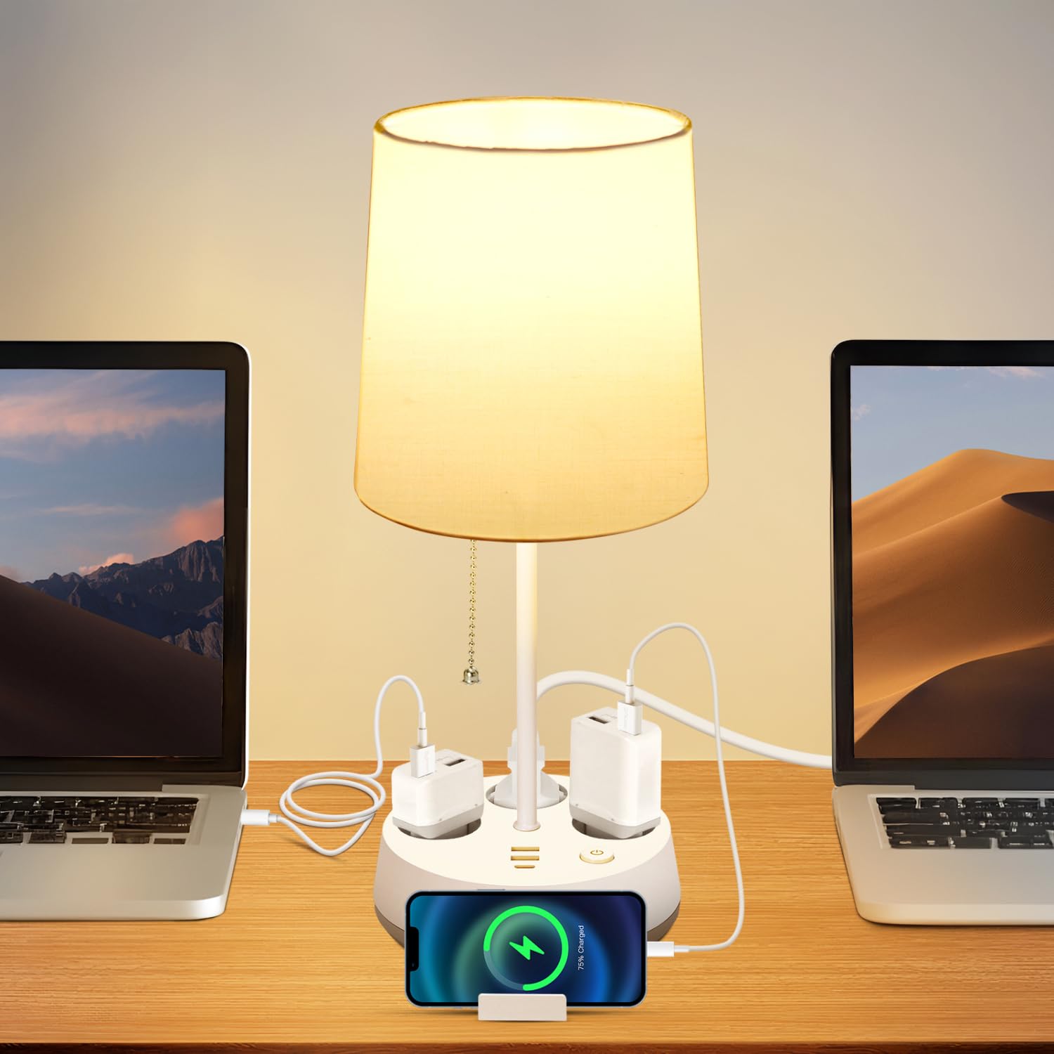Aigostar Lámpara de Mesa E27 con Enchufe y Toma de Corriente, Salida USB y Tipo C, Lámpara de Mesita de Noche con Pantalla de Tela, Lámpara de Noche para Dormitorio Salón Oficina (Blanca)