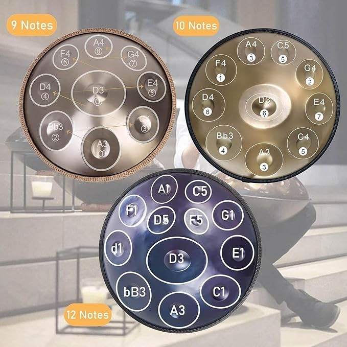 Handpan Drum 22 Zoll D-Moll - 9/10/12 Note Stahlinstrument mit Softbag, Schlägeln und Ständer, abgestimmt auf 432Hz und 440Hz