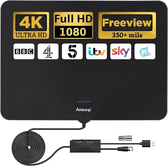 Indoor TV aerial - 4K HD Digital TV aerial with 4K Signal Amplifier 350+ Miles Long Range -Support 1080p Freeview HDTV - Work with All Types TV