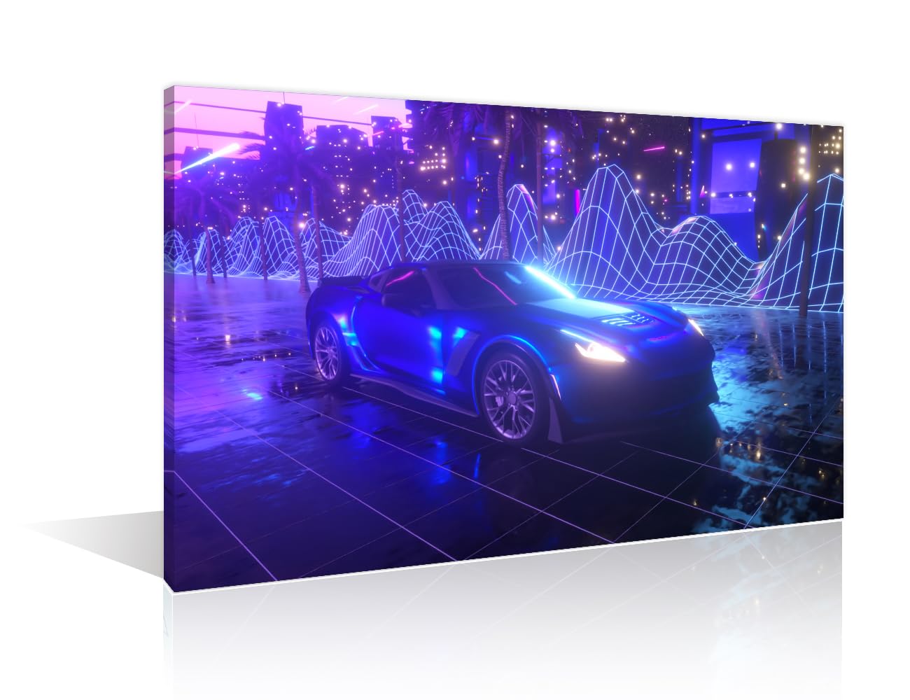 Office Decor Night City Neon Lights of the Metropolis Artwork Wall Decor 1 Pieces 80s Retro Background Futuristic Car Wall Decor for Bedroom, Living Room, Office.Framed Ready to Hang (12" Wx18 H) — image 1