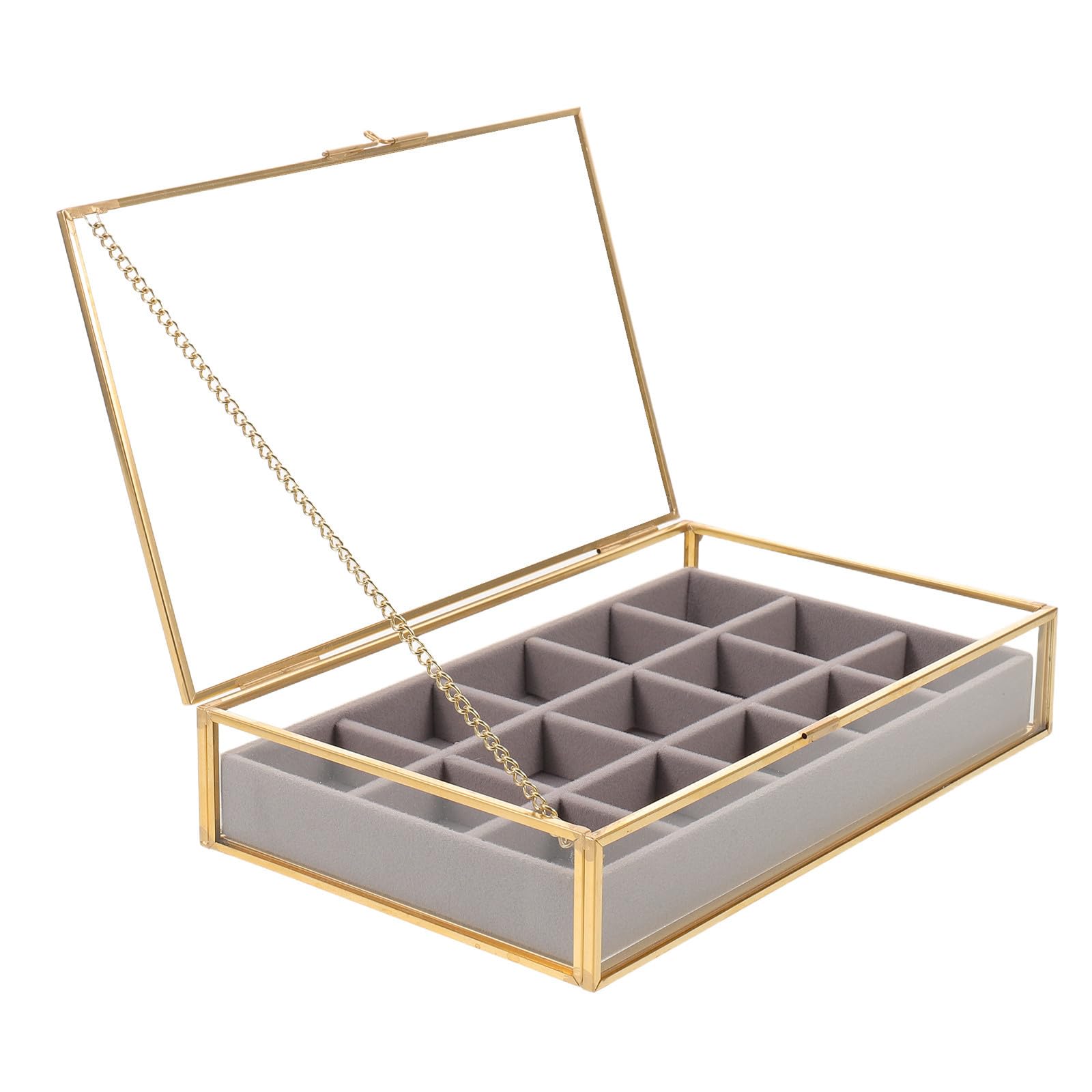 Boîte à bijoux en verre et cuivre à 15 compartiments pour l'organisation de la chambre