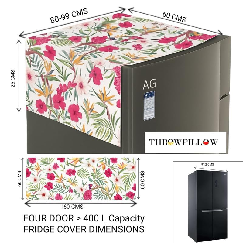 Image of Four Door Fridge Top Cover 400+L | Big Size Dustproof Refrigerator Cover Mat | Machine Washable Floral Print | 450 GSM Durable Fabric Fridge Cover for Side by Side Four Door Models | THROWPILLOW.IN