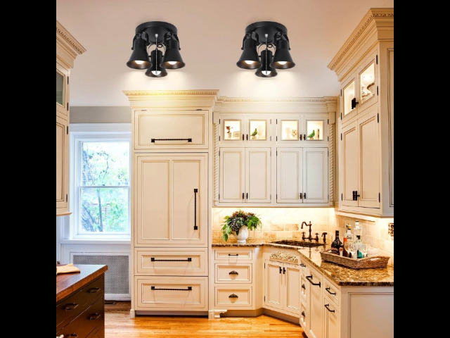 Image of 3-Light Industrial Track Lighting with Pull Chain On /Off Switch, Adjustable Round Kitchen Ceiling Light, Morden Black Flush Mount Directional Light for Kitchen, Hallway, Dining Room, Bathroom