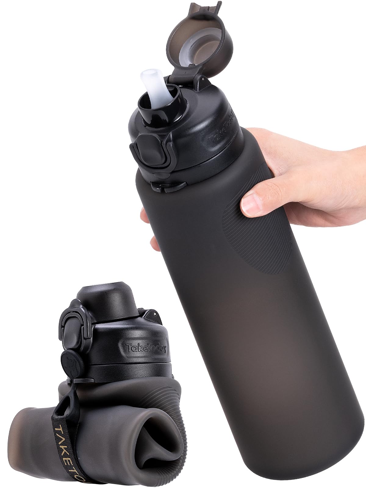 Photo 1 of TakeToday Collapsible Water Bottles 32oz, Foldable Travel Bottle, TSA-Approved Leakproof Newly Silicone Water Bottle for Hiking, Travel, Outdoors, Black
