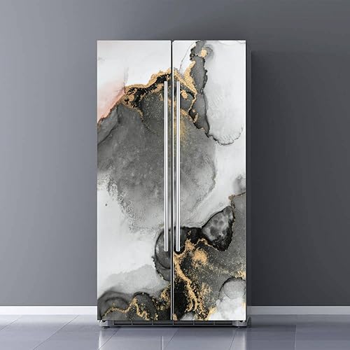 Juego de envoltorio de vinilo autoadhesivo para refrigerador, papel de pintura de tinta de mármol abstracto negro, obra de arte original, mural de