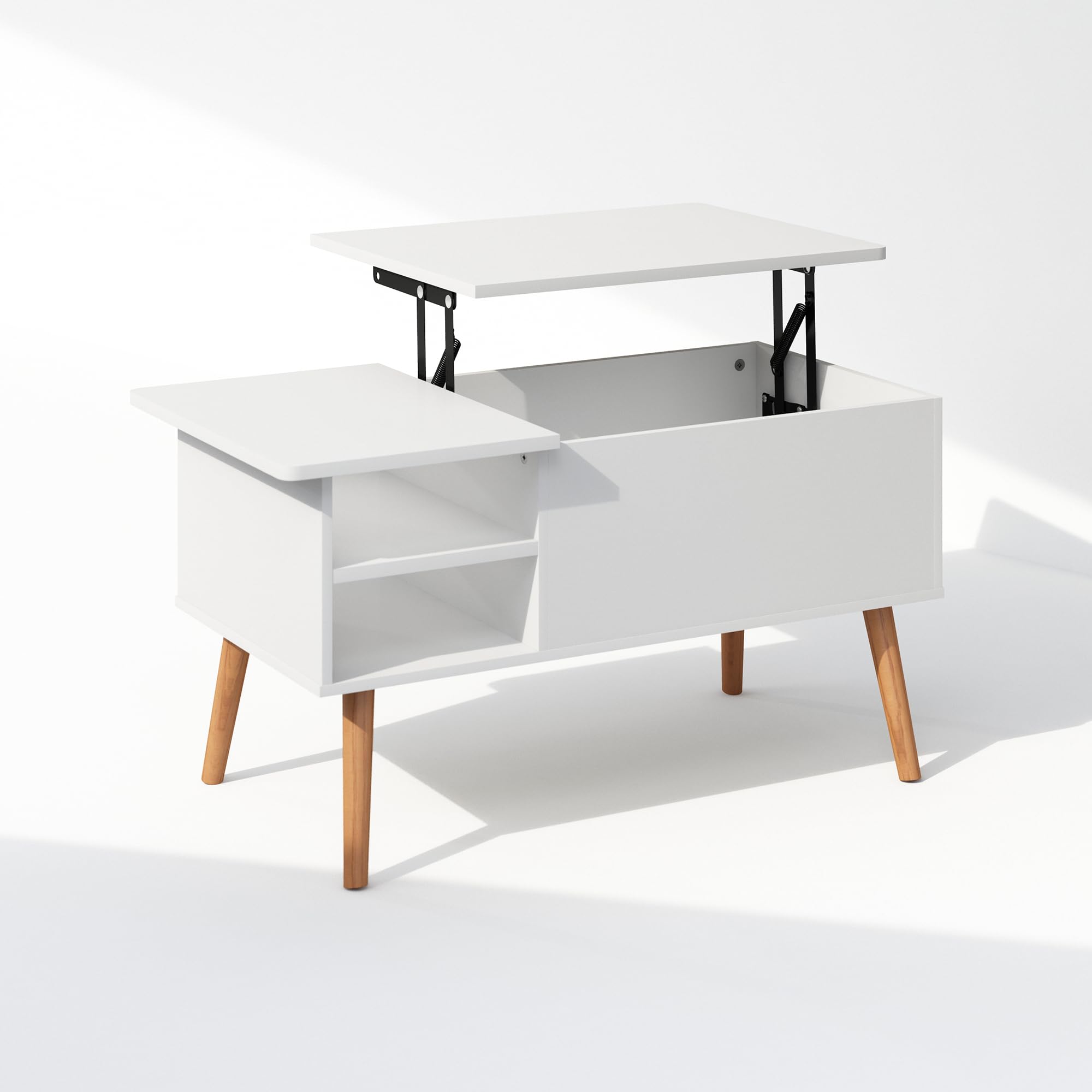 Furinno Jensen Mesa de Centro Elevable con Patas de Madera, Compartimento Oculto y Estante Lateral Abierto para Salones, Blanco Sólido