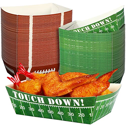 Tatuo 100 Pcs Football Party Decoration 1.1 lb Football Paper Serving Food Trays Disposable Snack Serving Trays for Birthday Party Supplies Sport Game Events Favors Decorations by Tatuo - Used condition - US$20.78