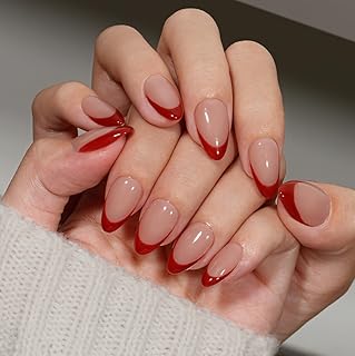 KQueenest Red French Tip Press On Nails Short Almond, 30 Pcs Acrylic Press On Nails With Glue, Glossy Soft Gel Short Fake Nails Press ons, Reusable Natural Nude Glue on Nails for Women Weddings