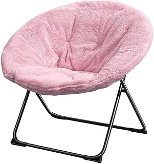 LZG Silla platillo de Piel sintética, Silla de Luna Redonda Plegable con Patas Negras de Metal (Color : Rosado)