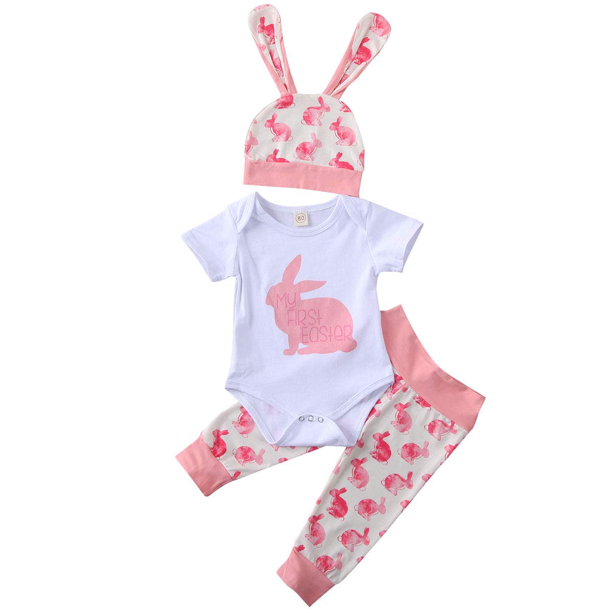 Muasaaluxi Newborn Baby Girls Boys Easter Outfits My First Easter Romper Bodysuit Long Pants Rabbit Hat Clothes Set 0-24M (Pink, 12-24M)