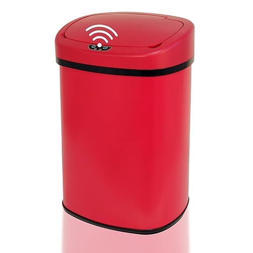 Cubo de basura automático de 13 galones con tapa, acero inoxidable, color rojo