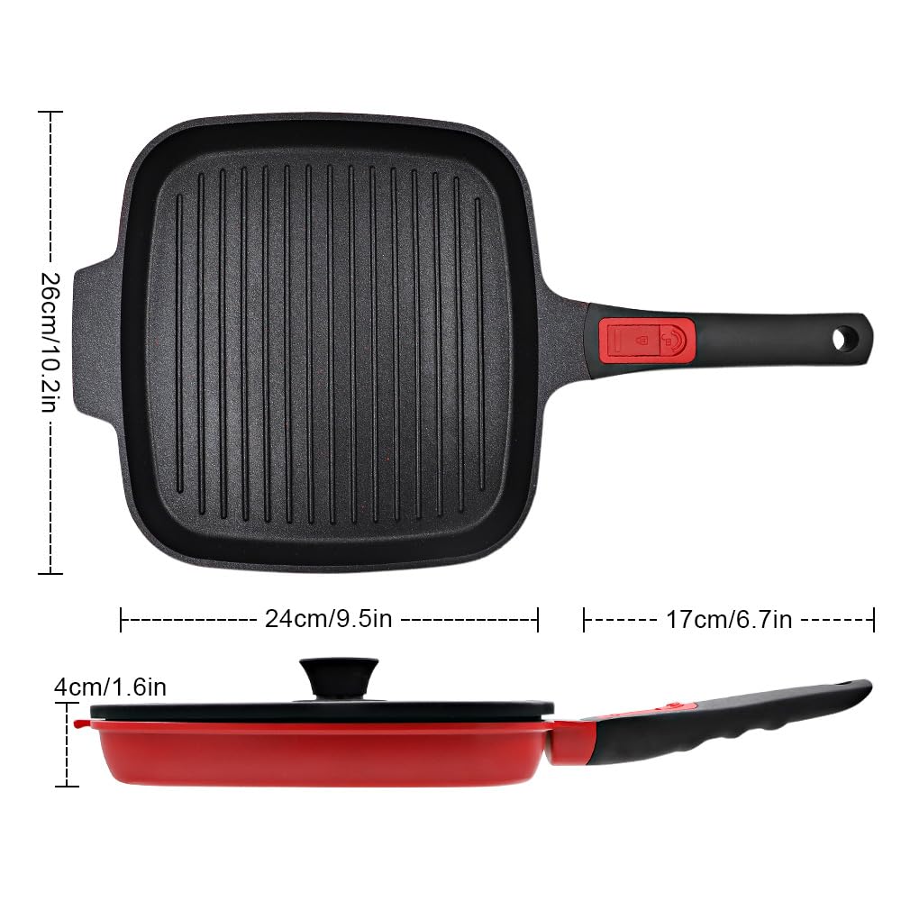 RANX INGST Poêle Grill avec Couvercle 24 cm, Poêle à Griller Carré avec Poignée Amovible, Revêtement Anti-Adhésif, Compatible Tous feux dont Induction