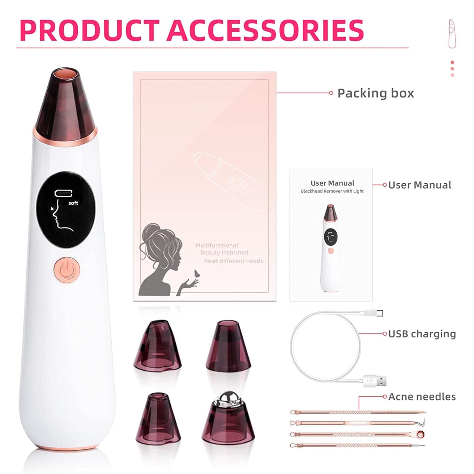 Herramienta de succión de puntos negros – Aspirador de poros para eliminar puntos negros, limpiador eléctrico de poros facial, limpiador de poros faciales, herramienta extractora de puntos blancos de