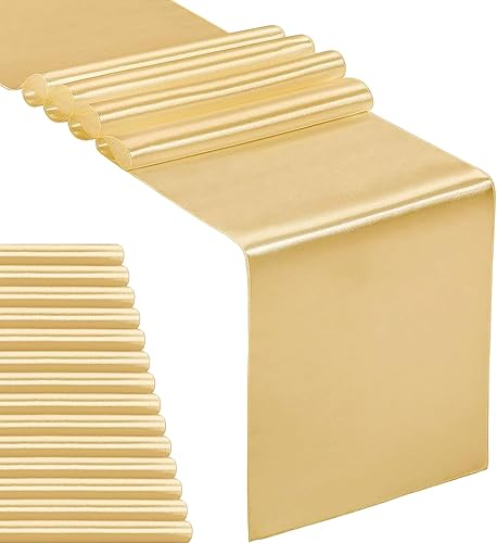 Paquete de 15 caminos de mesa satinados color dorado claro de 12 x 108 pulgadas de largo, caminos de mesa para bodas, fiestas de cumpleaños,