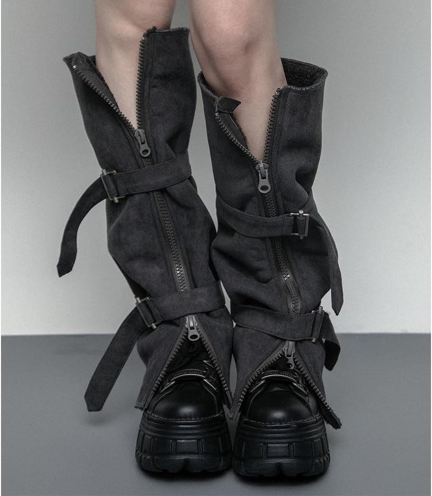 Gothic Punk Style Faux Fur Leg Warmers with Metal Buckles, Adjustable Zipper, and Slit Design Winter Boot Cuffs for Women
