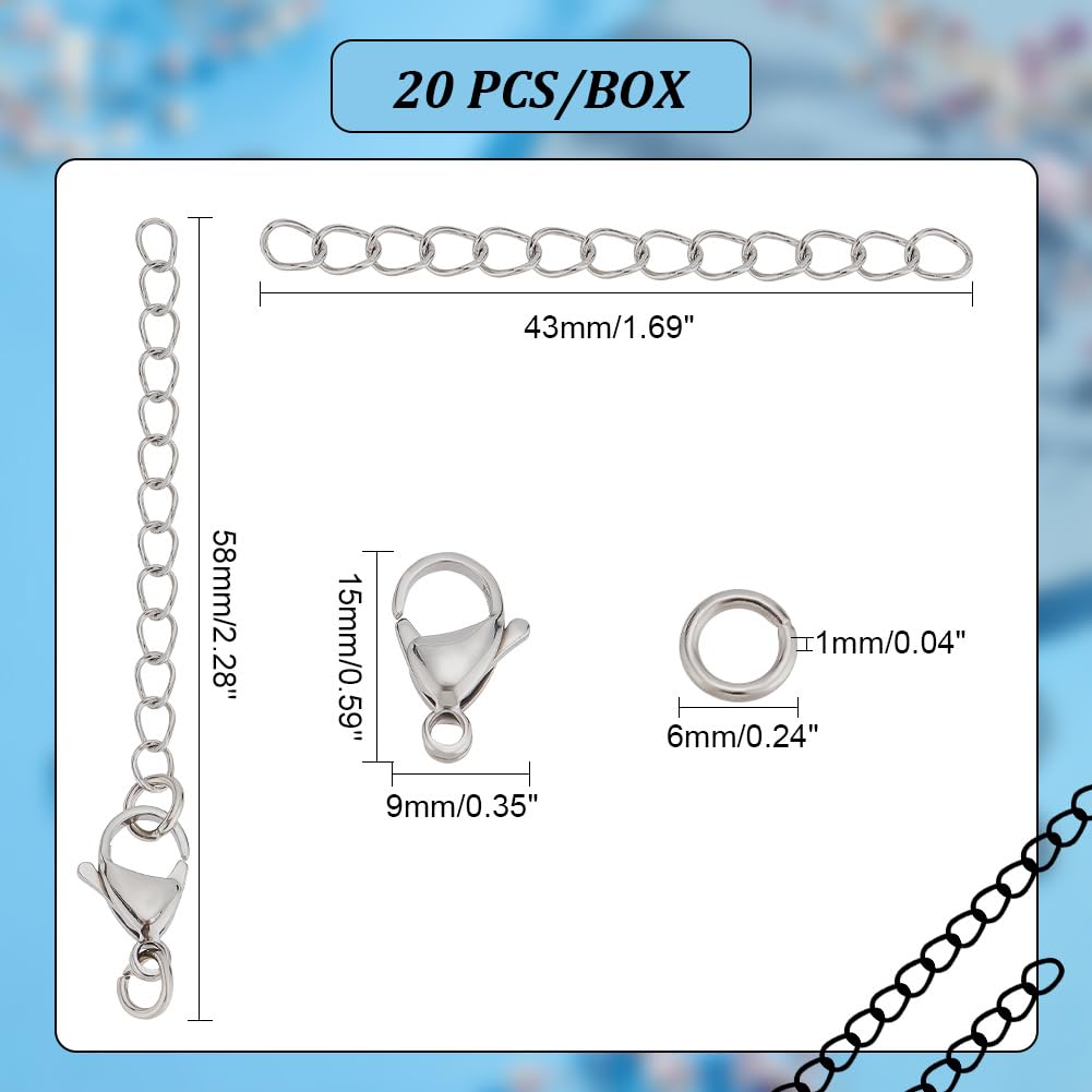 PH PandaHall 20pz Catena Estensione Collana 58mm Catena di Estensione per Bracciali Acciaio Inox con Chiusura a Moschettone per Estendere Collane Braccialetti Fare Gioielli