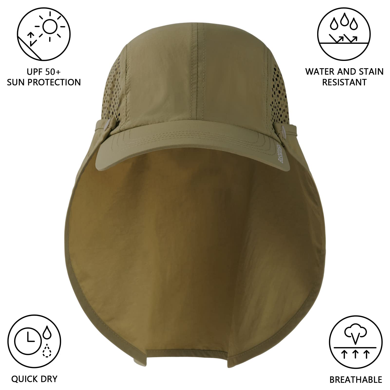 BASSDASH UPF 50+ składana czapka wędkarska czapka bejsbolówka ze zdejmowaną klapą na szyję przenośna dla mężczyzn kobiet golf piesze wycieczki