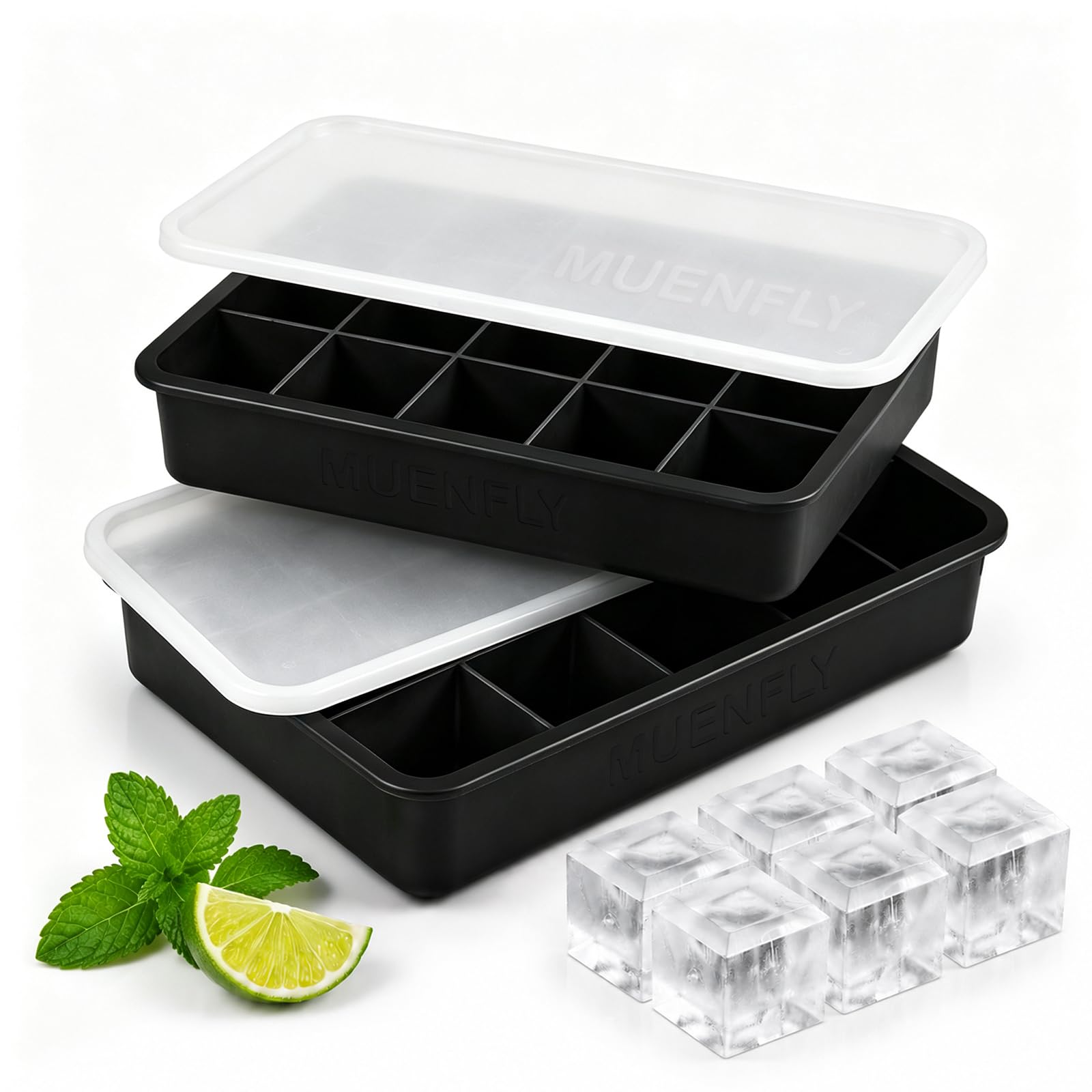 Pack 2 Cubiteras Silicona anti-olor con Tapa, 15 cavidades cada una, fácil de desmoldar, apilable, aptas para lavavajillas, LFGB sin BPA. Para hielo de café, whisky, purés. Negro.