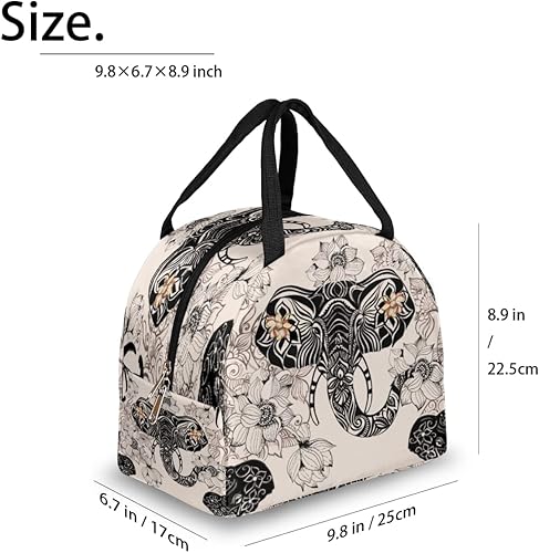 Miniatura 2 de Bolsa de almuerzo aislada para mujeres y hombres, elefante, flor étnica, impermeable, bolsa térmica reutilizable, contenedor para almuerzo, a prueba