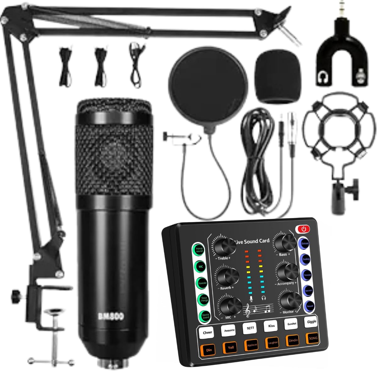 Souvenir BM800 Condenser Mic with V8S Live Sound Card for Recording Studio, Shock Mount, Pop Filter, Arm Stand & Anti-Wind Foam, Full Condenser Microphone Set for Studio Recording, Broadcasting Gaming