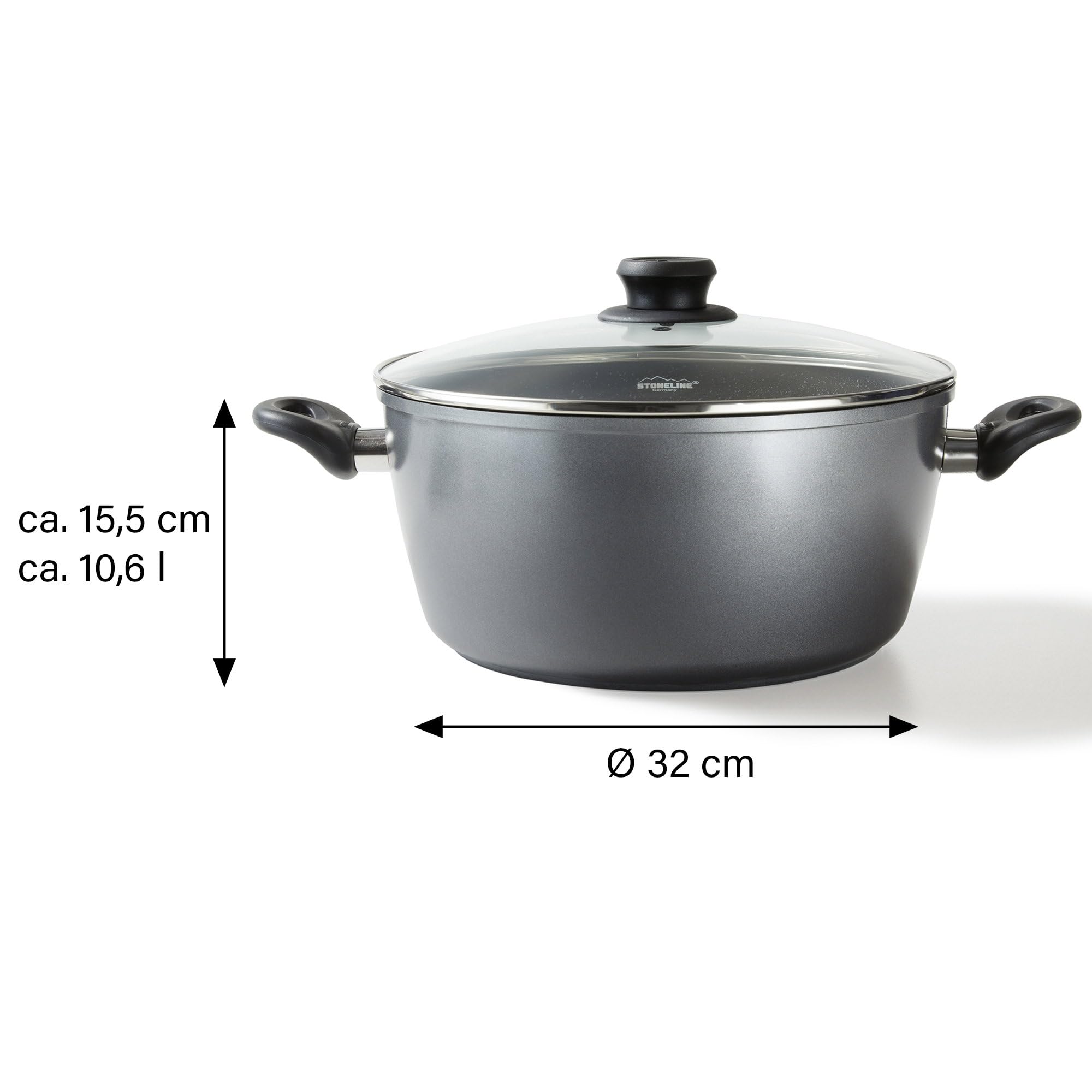 STONELINE XXXL Aluguss Kochtopf 32 cm, Großer Topf mit Deckel 10,6 L, Antihaft beschichtet mit echten Steinpartikeln, Kochtopf Induktion 32 cm, alle Herdarten, Backofen, Kochen ohne Fett oder Öl, Grau