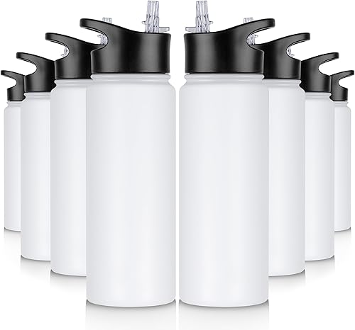 Miniatura 55 de Paquete de 8 botellas de agua deportivas de acero inoxidable con aislamiento de 32 oz, botellas de agua con tapa de pajita y tapas de boca ancha,