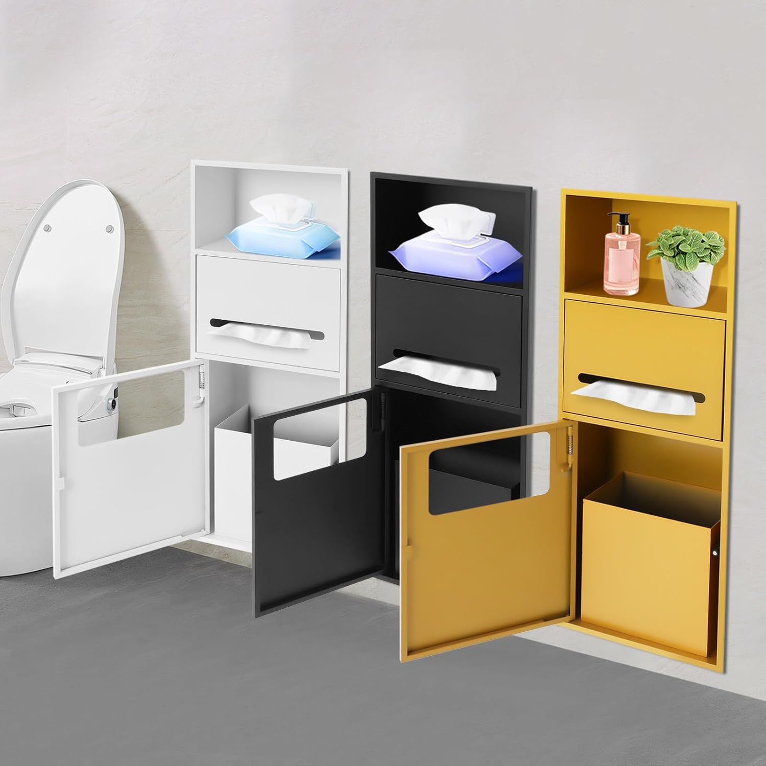Space-Saving in-Wall Toilet Storage Cabinet with Built-in Trash Can - Durable Stainless Steel, Modern White Design for Bathroom & Shower, Easy Installation, Perfect for Home & Hotels