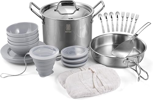 ROYDX - Juego de 27 utensilios de cocina de acero inoxidable, olla plegable con tenedores, cucharas, bolsa de viaje para fogata, senderismo,