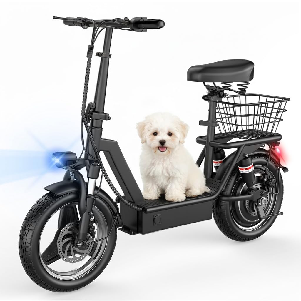 electric scooter for adults, 1000w peak motor, 20-25 mph and 25/35miles long range, 14" foldable commuting electric scooter with seat, ample storage for pet & cargo