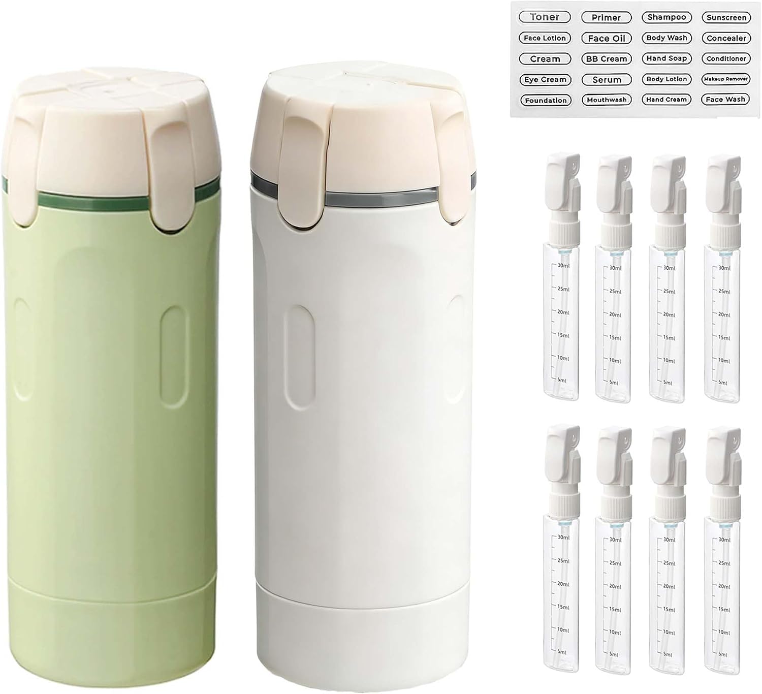4 in 1 Travel Dispenser Bottle for Toiletries, Portable 30ML 4 Pack Leak-Proof Pump Containers, with Scale and Label,for Shampoo, Shower & Travel Use