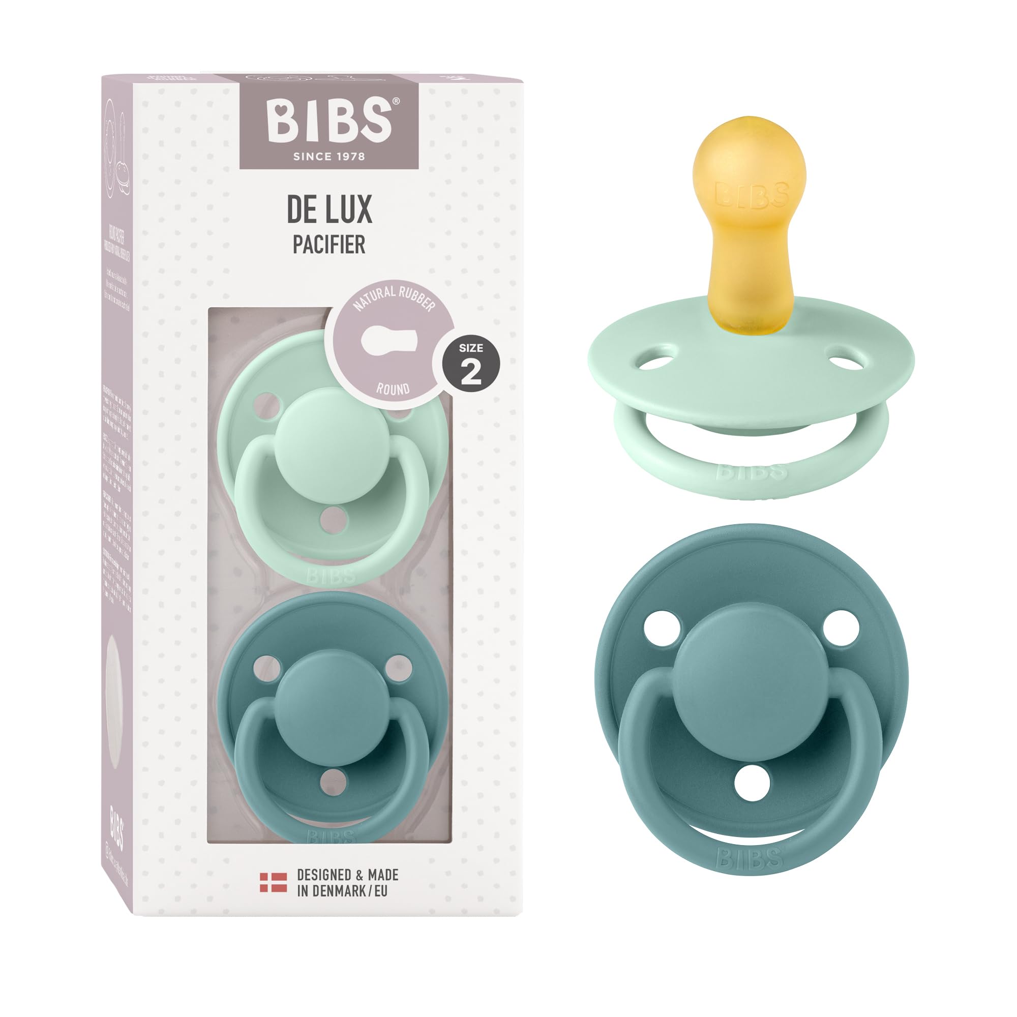 BIBS De Lux Ciuccio confezione da 2 pezzi. Privo di BPA, Misura 2 (6-18 mesi), Nordic Mint/Island Sea - 1