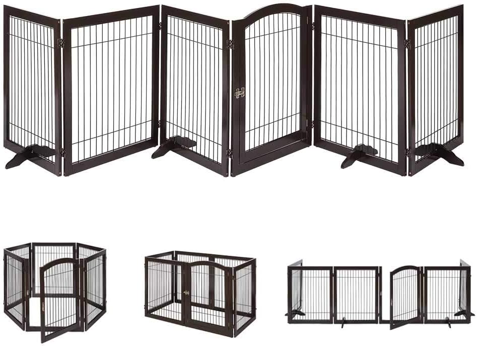 unipawsPet Playpen with Wooden Construction and Wire, 6 Panels Freestanding Walk Through Dog Gate with 4 Support Feet, Foldable Stairs Barrier Pet Exercise Pen for Dogs Cats Pets, Espresso