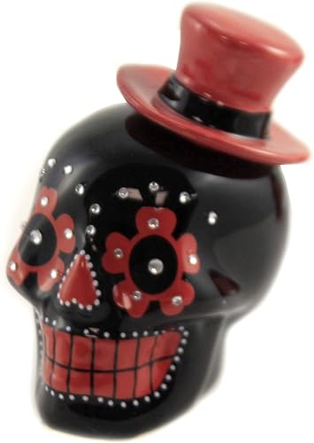 Miniatura 2 de Pacific Giftware Day of Dead Sugar Black & Red Skulls - Juego de salero y pimentero con diamantes de imitación