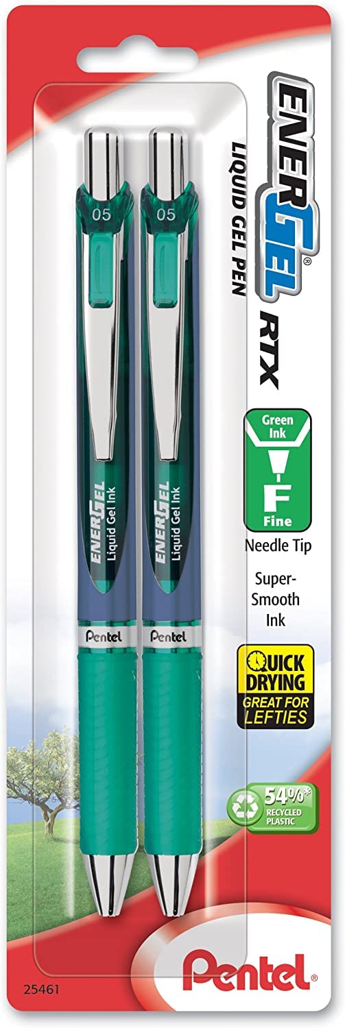 Pentel ENER-GEL RTX Retractable Liquid Gel Pen 0 5mm Needle Tip Fine Line Green Pack of 2 BLN75BP2D