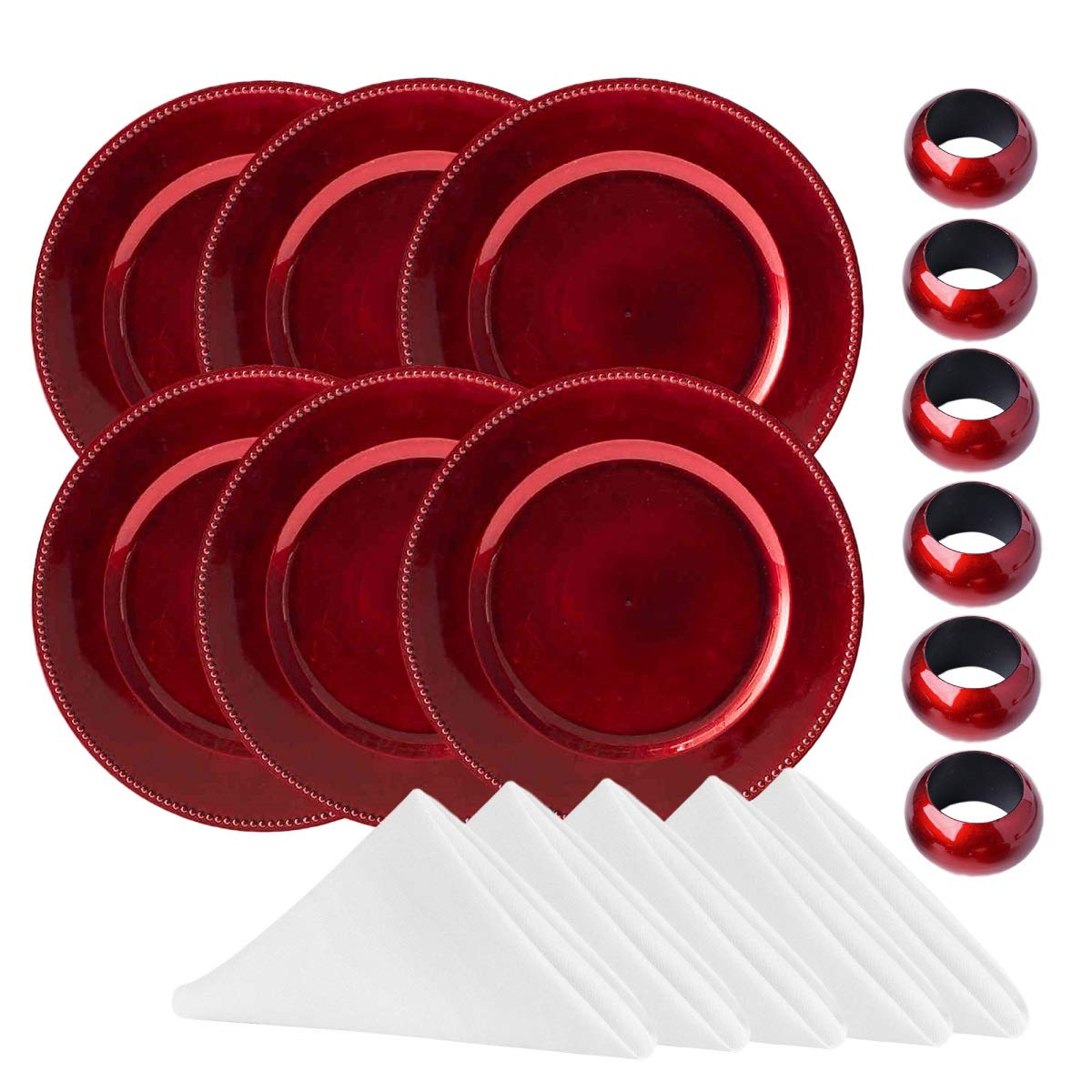 Round Beaded Plastic 13 Inch Charger Plates with Matching Napkin Rings and White Cloth Napkins, Set of 6, for Dining Table or Décor (Red)