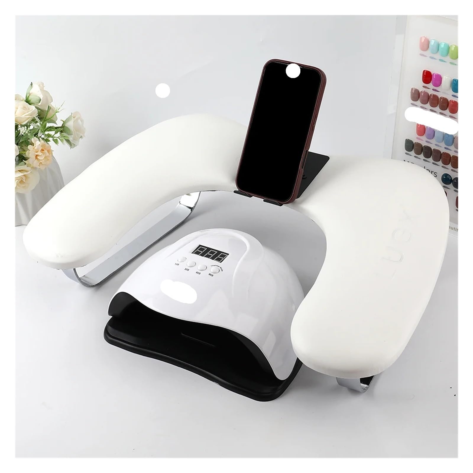 Cuscino poggiabraccia per manicure, Nail Armrest with Phone Holder, Leather, Multicolor, for Salon(Black)