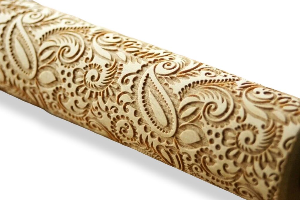 Engraved PAISLEY FLORAL embossing rolling pin wooden laser cut pattern unique design