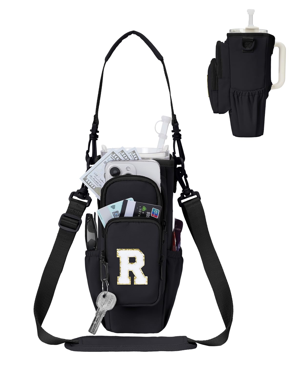 sportsnew Birthday Gifts for Women Personalized Initial Water Bottle Holder with Strap fits most 40oz Tumbler with Handle Water Bottle Carrier Bag