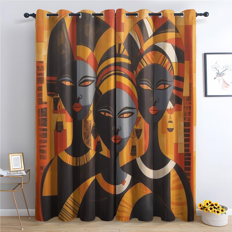 SZLYZM African Women Blackout Curtains, Tribal Ethnic Bedroom Curtains & Living Room Curtains 66x90 Inch 2 Panels Set, Thermal Eyelet Drapes Decorative Patterned Window Treatments 90 Drop